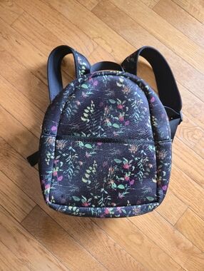 Floral Mini Backpack in Black with Colorful Leaf Print